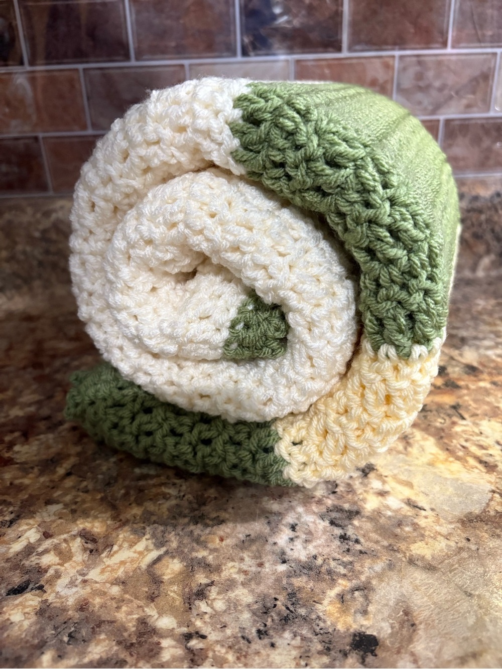 Handcrafted Cream, Pale Yellow and Green Crochet Baby Blanket
